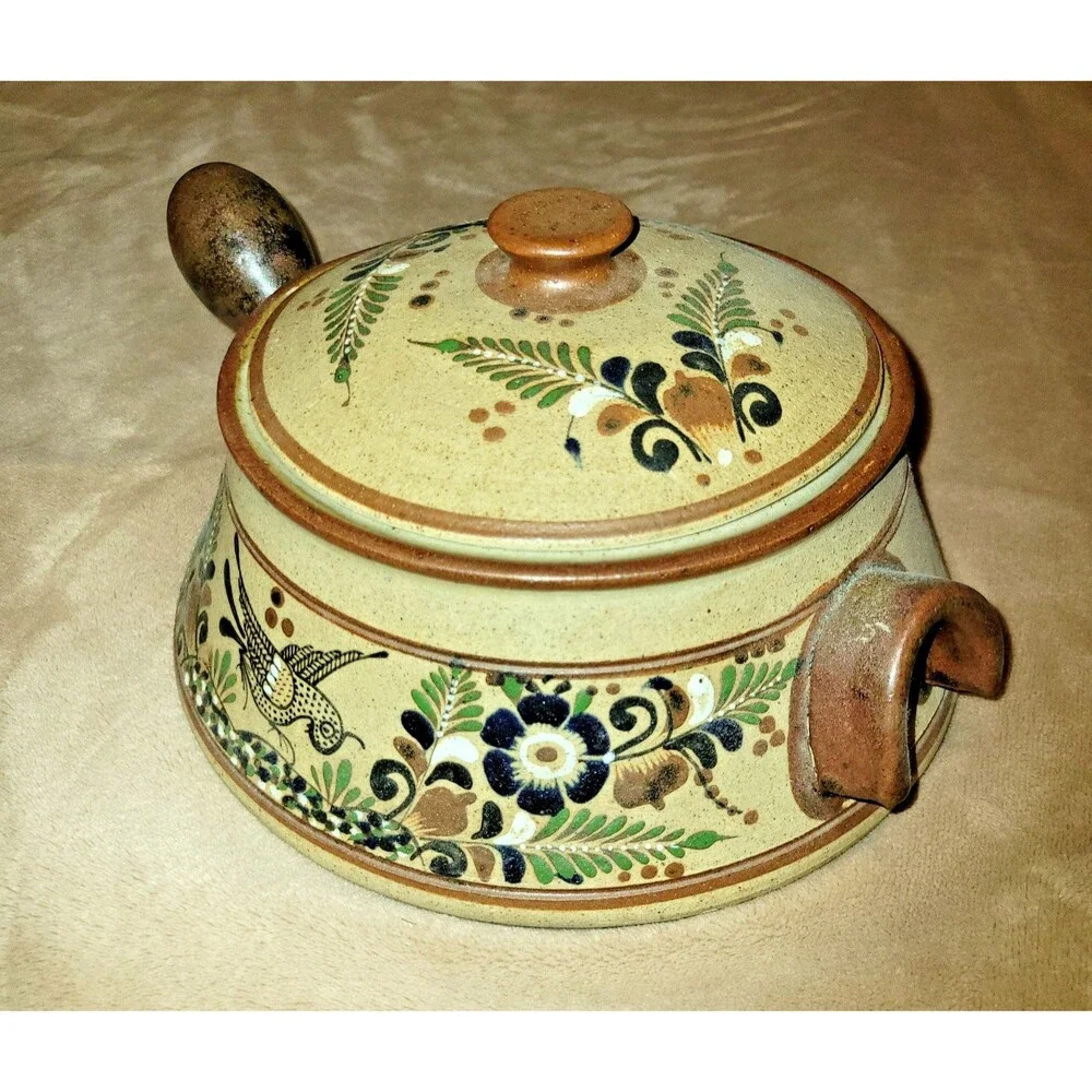 Vintage Netzi Tonala Mexican Pottery Large Soup Tureen Lidded Bowl Bird Floral